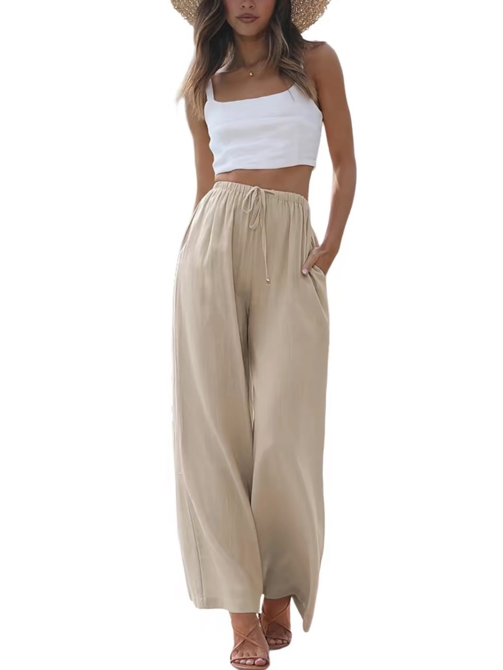 Linen Cotten Wide-Leg Drawstring Pants in Beige